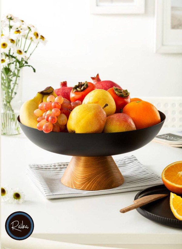 ظرف میوه و آجیل خوری(سفید-مشکی) بدنه فلزی مقاوم پایه چوبی با کیفیت کد986