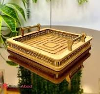 سینی چوبی مربع بزرگ دسته دار نرده طلایی با ارسال فوری چوب خالص قابل شستوشو  کد332