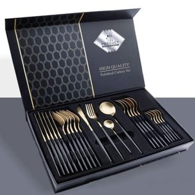 سرویس 24پارچه قاشق چنگال کارد آشپزخانه طلایی  استیل دسته مشکی طلایی استیلدسته مشکی کد 661