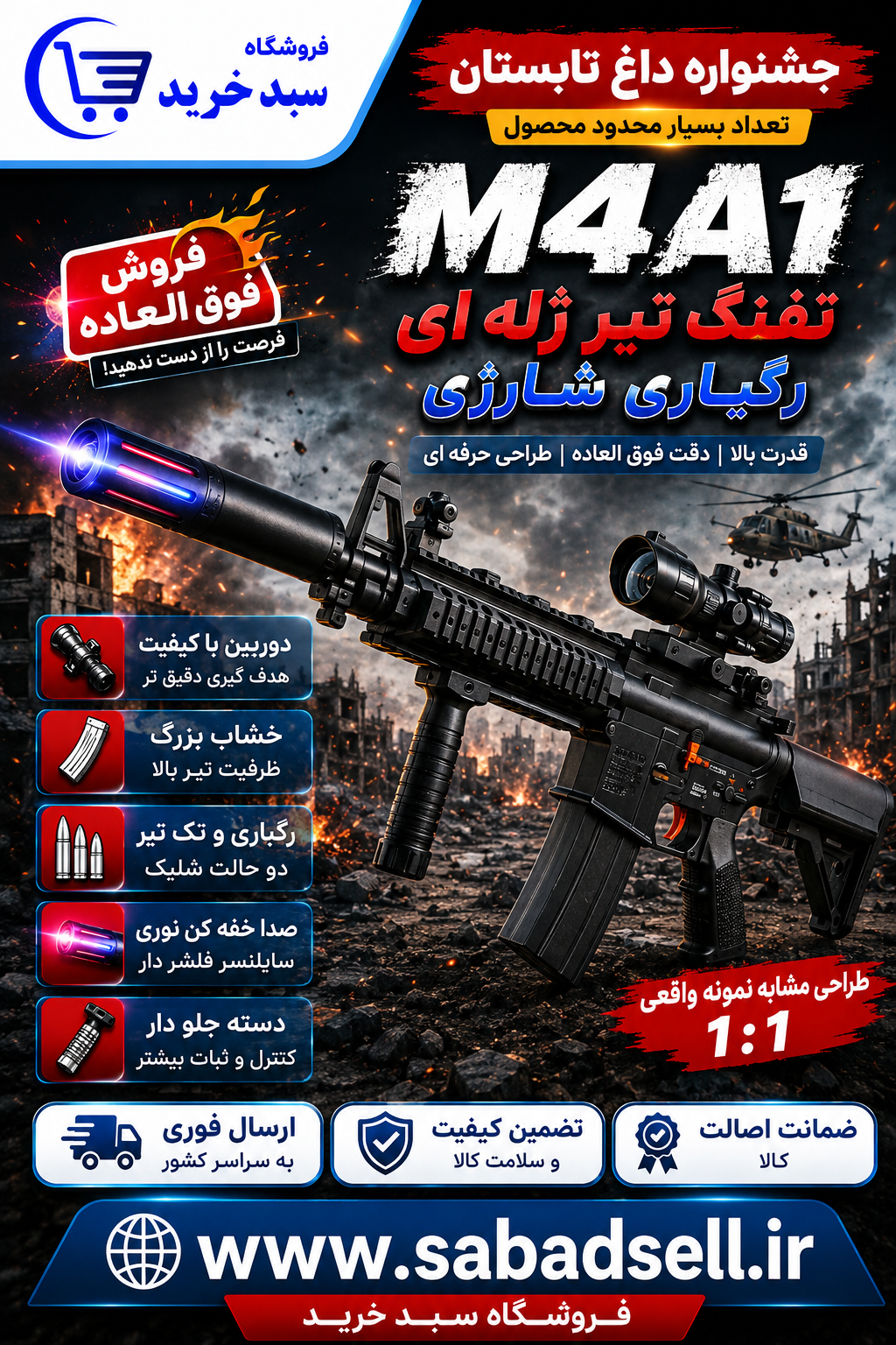 تفنگ تیر ژله ای رگباری شارژی   مشکی M4/A1 دوربین دار بزرگ شرکت اصلی کیفیت بالا ارسال فوری بدنه کربن Abs.  نایلون باتری تقویت شده ارسال فوری تعداد بسیار بسیار محدود فقط در جشنواره تا 30 اردیبهشت