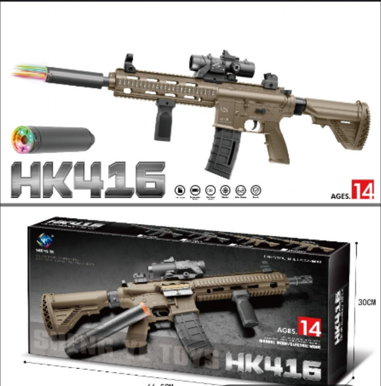 تفنگ تیر ژله ای Hk416 رگباری شارژی دوربین دار بزرگ صدا خفه کن دار خشاب بزرگ ارسال فوری